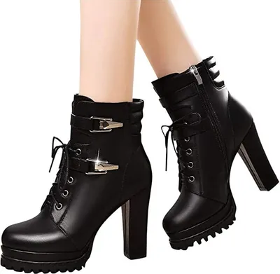 Produktbild von ASKSA Damen High Heels Stiefeletten Blockabsatz Ankle Boots mit Plateau, Schwarz, Größe: 38