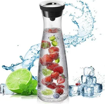 Zdjęcie produktu dla Szklana karafka na wodę, 1200 ml, z pokrywką i dziobkiem, do domowych napojów, mrożonej herbaty, mleka, kawy i wina.