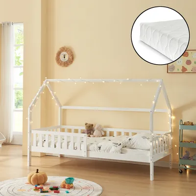 Obrázek produktu pro Domácí postel "Ydre" s matrací a ochranou proti vypadnutí dřeva 90 x 200 cm Bílá