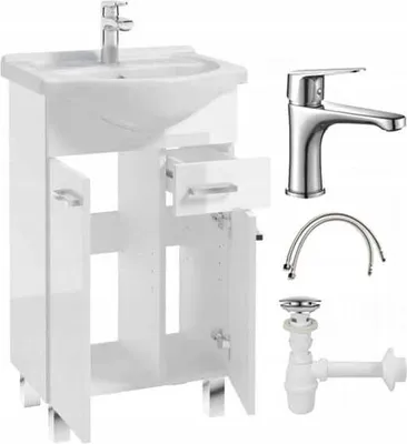 A white bathroom vanity with a sink and faucet, along with plumbing parts, displayed against a white background.