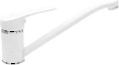 A white kitchen faucet with silver accents against a white background.