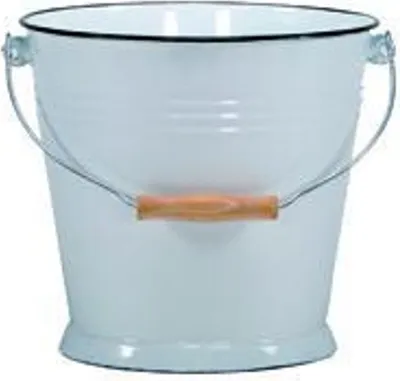 Productafbeelding van Emmer van emaille, wit met blauwe rand, met stevige houten handgreep, 10 liter