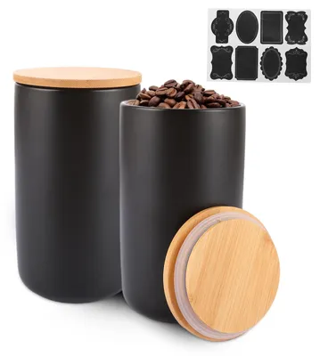 2 Keramik-Vorratsdosen, schwarz, 1000 ml, mit Bambusdeckel