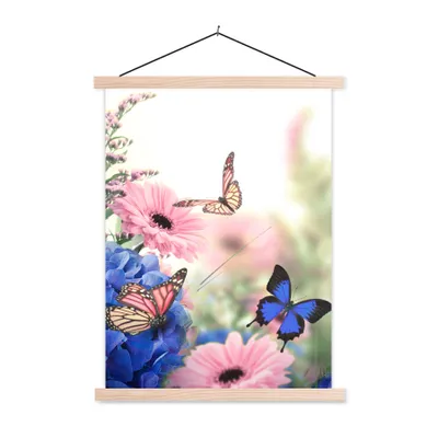Produktbild von MuchoWow® Textilposter Schmetterlinge - Blumen - Hortensien - Insekten 60x80 cm mit holzfarbenen Rahmen - Wandbild