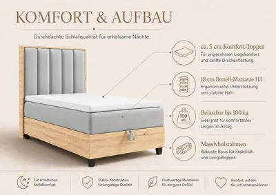 Produktbild von Trinity K-1 Einzelbett 80x200 Grau| Boxspringbett mit Bettkasten | Bonellfederkern & Topper | Polsterbett mit Kopfteil | Lieferung Bordsteinkante
