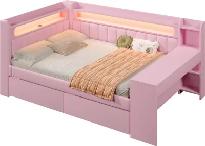 Produktbild von Schlafsofa mit LED-Beleuchtung, 2 Schubladen, Lattenrost, USB/Typ-C Anschlüssen, 140x200cm, Polsterbett, Doppelbett, Leinen