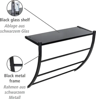 A black glass shelf with a black metal frame, shown from a diagonal angle against a white background. Callouts indicate the materials.