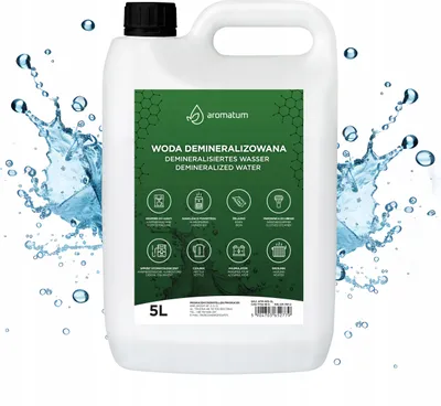 Zdjęcie produktu dla Aromatum Woda demineralizowana 5 l – woda destylowana do żelazek, akumulatorów, nawilżaczy powietrza