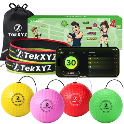 Productafbeelding van Boksbal reflexbal familiepakket - 4 verschillende ballen - Met hoofdband - Zachter dan tennisbal - Reactietraining