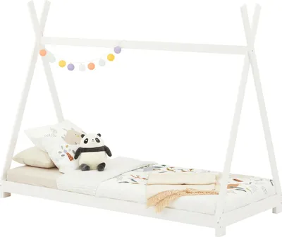 Produktbild von IDIMEX ELIN Tipi-Kinderbett, Kiefer massiv weiß, Baby- & Jugendbett, Liegefläche 90x200 cm, Aufbaumaße 95x167x205 cm, schadstoffarm, lösemittelfrei