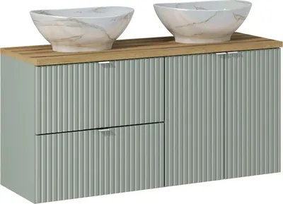 Produktbild von Badezimmerschrank mit Arbeitsplatte und Waschbecken 120 cm - Line Reed Green mit gefräster Front und Waschbecken