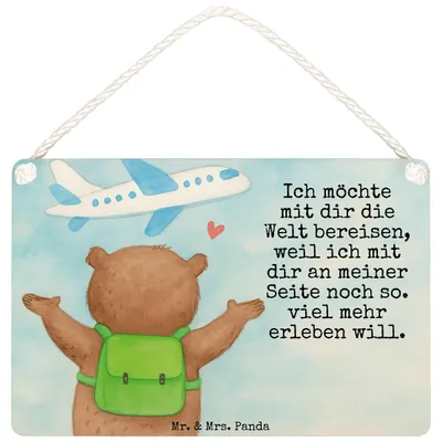 Produktbild von Mr. & Mrs. Panda holzbild Bär Flugzeug Design DIN A4 - Weiß - Geschenk, wandtafel, Hochzeitstag, Türschild, Holzschild, Schild, Wandschild, für Frauen, Mitbringsel