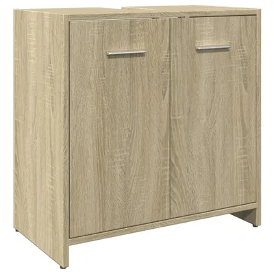A two-door cabinet with a light wood grain finish and silver handles.