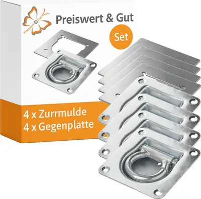 Produktbild von 4 Zurrmulden & 4 Gegenplatten – Zurrösen Anhänger, Klappösen verzinktem Stahl für sichere Befestigung & Ladungssicherung
