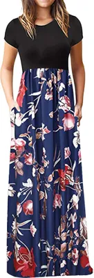 Produktbild von ASKSA Damen Kurzarm Sommer Casual Long Maxi Kleider mit Taschen (Dunkelblau,XXL)