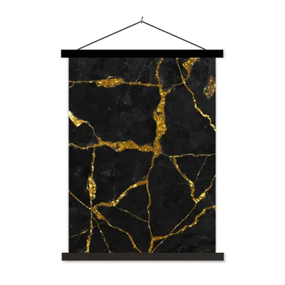 Produktbild von MuchoWow® Textilposter Marmor - Gold - Schwarz - Marmoroptik - Glitter 60x80 cm mit schwarzem Rahmen - Plakathalter