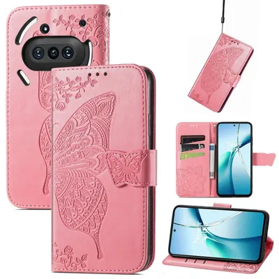 Image de Étui portefeuille en similicuir pour Nothing Phone 3a, motif papillon, rose