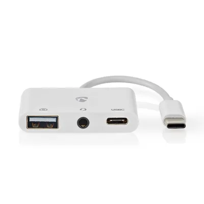 A white USB multi-port adapter with a USB-A port, a 3.5mm audio jack, and a USB-C port, connected to a USB-C cable.