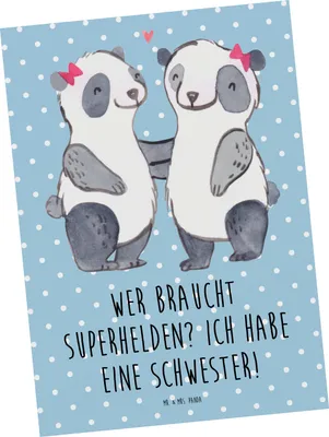 Produktbild von Mr. & Mrs. Panda Ansichtskarte Liebe Schwester - Blau Pastell - Geschenk, Familie, Postkarte, Bewunderung, Kunstkarten, Superhelden, Weihnachten, Ansichtskarten