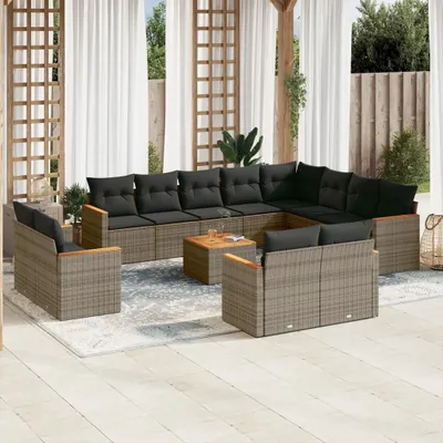 Produktbild von Design 13-tlg. Garten-Sofagarnitur mit Kissen Grau Poly Rattan, Gartenmöbel-Sets 2024 Neu