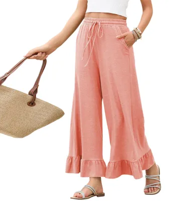 Image de Pantalon d'été pour femme ASKSA, coupe large, ourlet à volants, couleur unie, taille haute, style décontracté (rose, L)