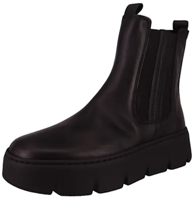 A black leather chelsea boot with a platform sole is shown against a white background.