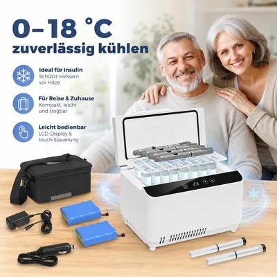 Produktbild von Elektrischer Insulin Kühler, 2–18°C, LCD Display, für 3–5 Pens, Doppelstock, Vakuum-Isolation, mit Akkus und Tasche