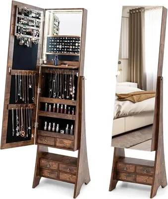 Image de Armoire à bijoux - Armoire à miroir - Éclairage, tiroirs, tablette rabattable, bois, montage nécessaire - Marron
