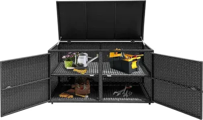 Produktbild von Rattan Auflagenbox - Gartentruhe/Kissenbox - 333 L Volumen - Doppeltüren & Deckel - Einlegeboden - Wetterfest - 115/215 x 60 x 65 cm - Schwarz
