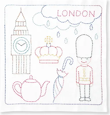 Obrázok produktu pre Balík výšiviek Olympus Sashiko "Hana Fukin World Walker Series London", potlačená látka, 34x34cm, originál z Japonska