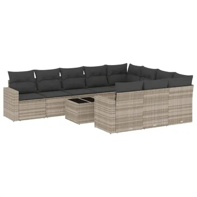 Produktbild von vidaXL 11-tlg. Garten-Sofagarnitur mit Kissen Hellgrau Poly Rattan