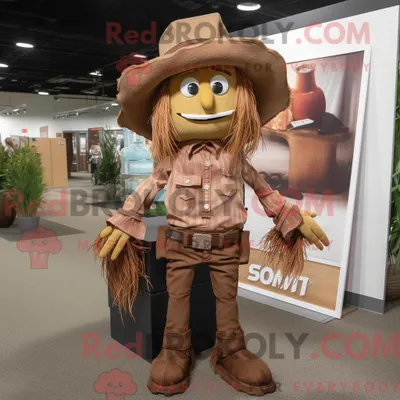 Produktbild von Maskottchencharakter REDBROKOLY einer braunen Vogelscheuche mit Schlagjeans und Rucksäcken