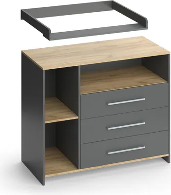 Zdjęcie produktu dla Przewijak Vicco Oskar Antracyt/złoty dąb 113 x 93 cm z 3 szufladami, Model 55592