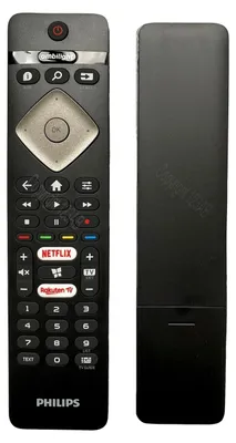 A black Philips TV remote control is shown from the front and back.