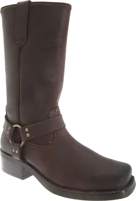 A single brown leather boot is shown against a white background.