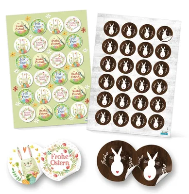 Produktbild von Logbuch-Verlag Set 48 Frohe Ostern Aufkleber Osterhase Osterdeko bunt Osteraufkleber rund Verpackung Kindergeschenke Geschenke Give-Away grün gelb pink braun weiß