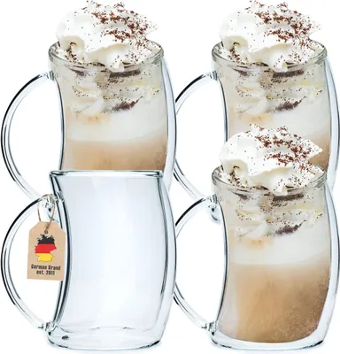 Produktbild von Intirilife 4x Doppelwandiges Thermo Glas - gebogener Style - 200ml Füllmenge - Mundgeblasen isoliert für Latte Macchiato, als Teeglas oder Kaffeeglas mit Henkel