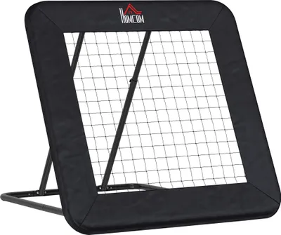 A black soccer rebounder net with a metal frame and a logo at the top.