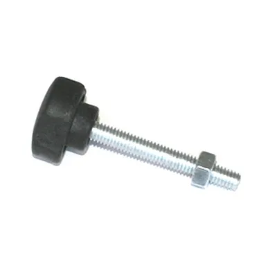 A close-up studio shot of a black knob with a threaded metal bolt and a nut attached, against a white background.