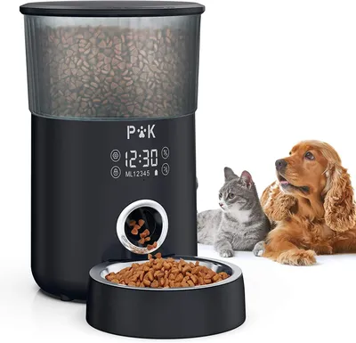 Produktbild von Automatischer Futterautomat, Futterautomat für Hunde, 4L Katzenfutterspender, Touchscreen Timer, 10s Sprachaufnahme, Edelstahl-Napf, Schwarz