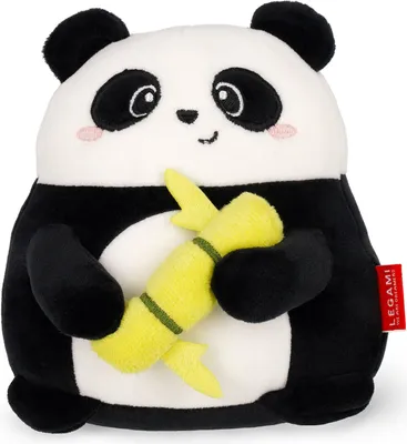 A plush toy panda holding a yellow bamboo stalk.