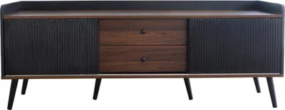 Image de Meuble TV bas - Meuble TV - Avec portes et tiroirs - Étagères - Design moderne - H 58 cm L 160 cm P 40 cm - Noir et bois naturel