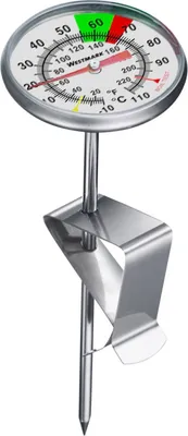 A stainless steel thermometer with a clip, showing temperature readings on its dial.