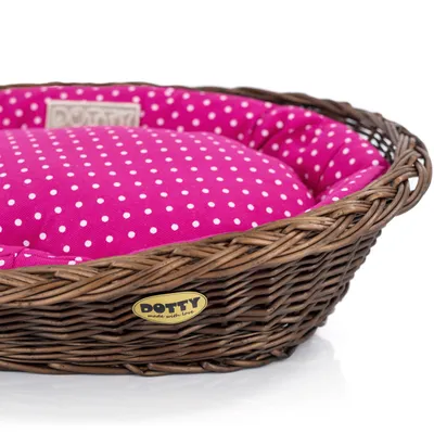 Produktbild von Handgebeizter brauner Weidenkorb Wikikorb mit Baumwoll-Hundebett Rosa mit weißen Punkten Polka Dots, Waschbar & Weich DOTTY
