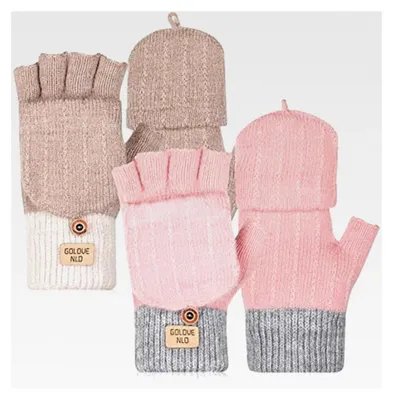 Produktbild von 2 Paar Damen fingerlose Handschuhe mit Kappe Halbfinger Fäustlinge für den Winter