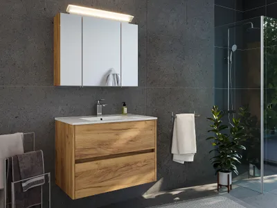 Produktbild von Badmöbelset Taifun 80cm 2tlg mit Spiegelschrank eiche gold : Eiche Gold Varianten: Eiche Gold