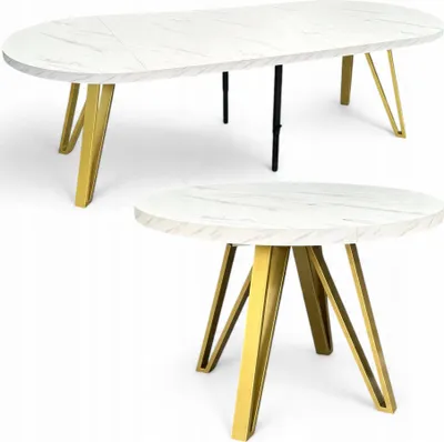 Produktbild von Runder Ausziehbarer Esstisch Weißer Marmor (Ø100/300 cm) mit Goldenen Metallbeinen