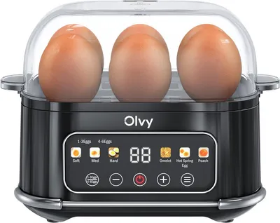 Zdjęcie produktu dla Urządzenie do gotowania jajek Olvy na 1-6 jajek z funkcją omletu i kłusownictwa - zegar LCD, automatyczne wyłączanie, wolne od BPA, łatwe do czyszczenia, elektryczne i kompaktowe