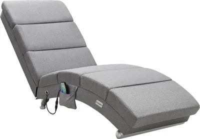 A gray upholstered chaise lounge with adjustable backrest and a small pocket on the side.