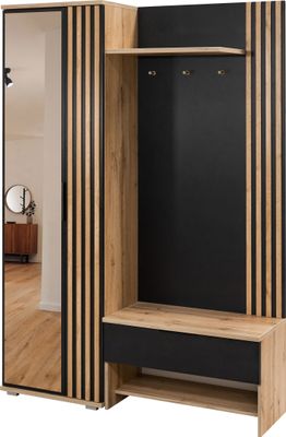 Albello Garderobenschrank Kleiderschrank mit Spiegel Milano Garderobenschrank für Kleidung Wotan-Eiche Schwarz Lamellen 140x200x40